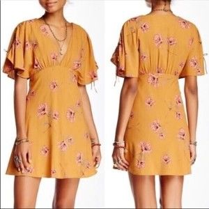 Free People Drapey Melanie Printed Mini Dress Mustard Floral Boho Women's Sz 10